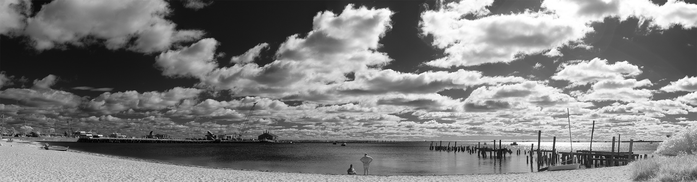 Infrared Panoramic Photograph of Beach and Docks.